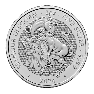 A picture of a Pièce d’argent de 2 oz, Licorne de Seymour : Le bestiaire des Tudors (2024)